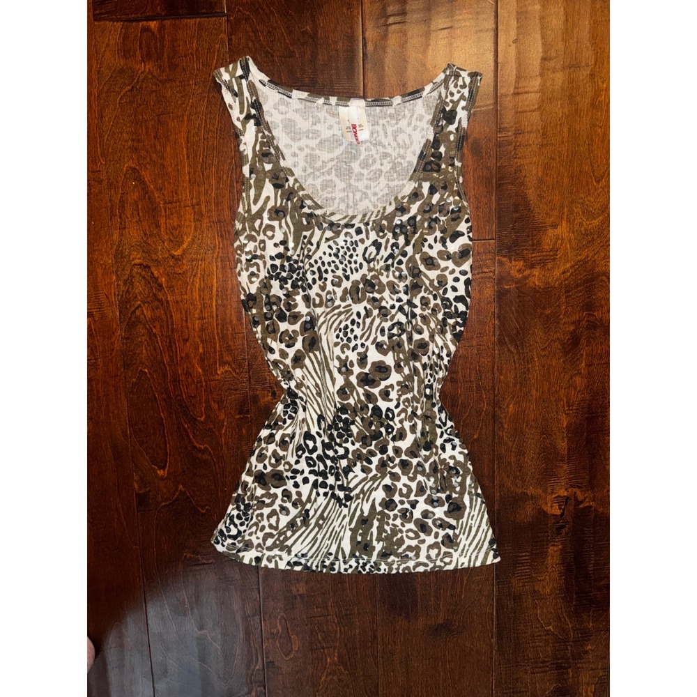 Y2K 90s Bongo Animal Print Sequin Ribbed Tank Olive Green Leopard Zebra Small